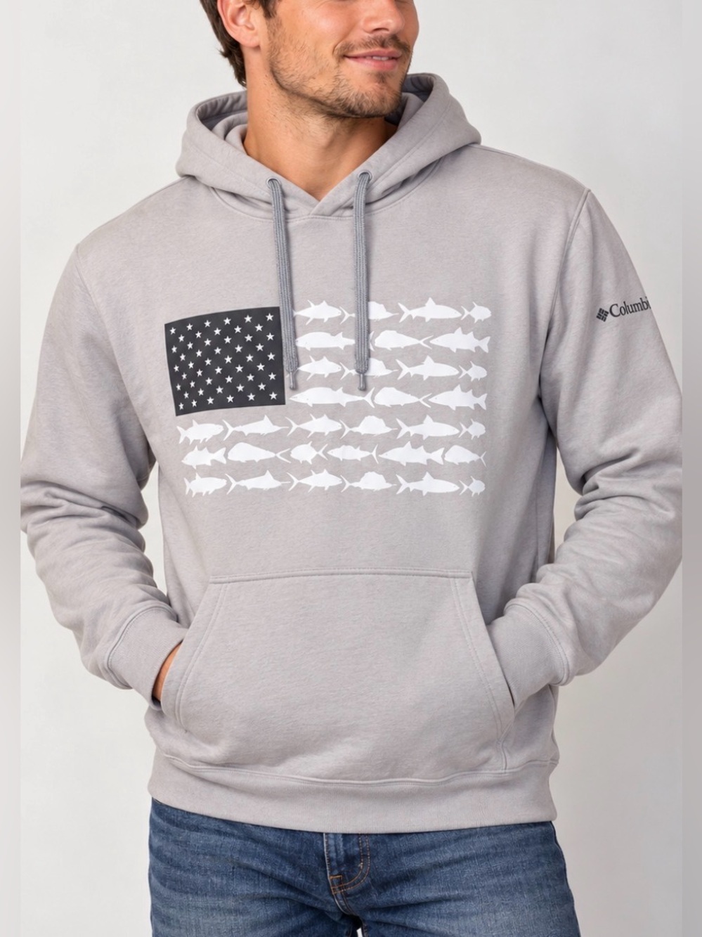 Mens Columbia Sportswear PFG Gray Hoodie with Fish & Flag Design Size Large